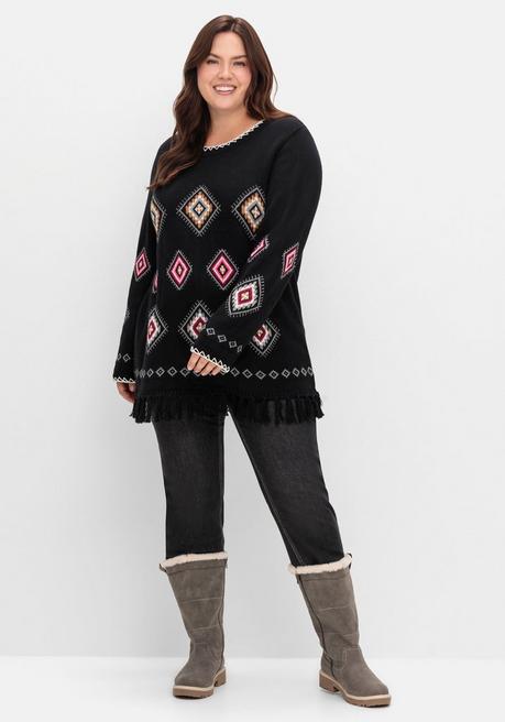 sheego Pullover mit Ethnomuster und Fransen - schwarz gemustert sheego Top Angebot