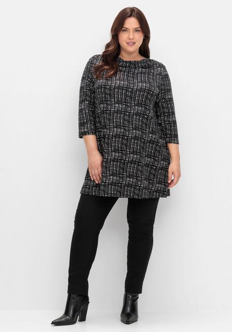 sheego Longshirt mit Print und Wasserfall-Ausschnitt - schwarz-weiß sheego Große Rabatte