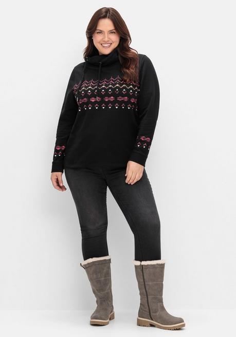 sheego Sweatshirt mit Norwegerprint und weitem Stehkragen - schwarz bedruckt sheego Saisonale Angebote