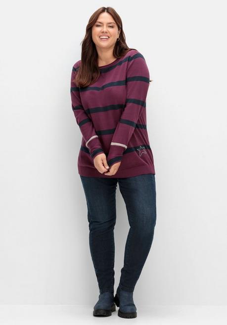 sheego Gestreifter Pullover mit Stern-Stickerei, aus Baumwolle - brombeer gestreift sheego Saisonale Angebote
