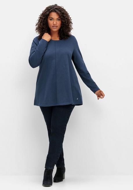 sheego Fein meliertes Langarmshirt in A-Linie, mit Rundhals - nachtblau meliert sheego Clearance-Verkauf