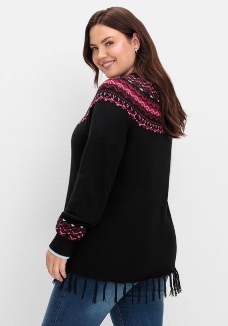 sheego Norwegerpullover mit Fransen am Saum - schwarz gemustert sheego Outlet