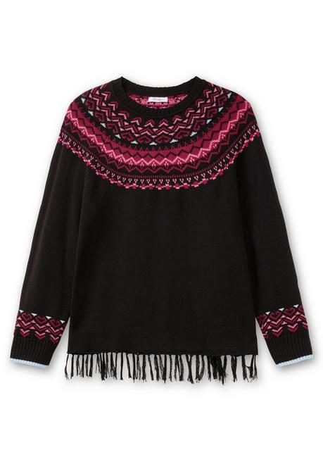 sheego Norwegerpullover mit Fransen am Saum - schwarz gemustert sheego Outlet