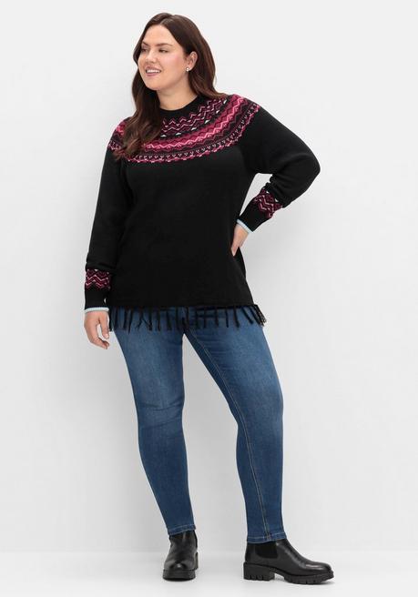 sheego Norwegerpullover mit Fransen am Saum - schwarz gemustert sheego Outlet