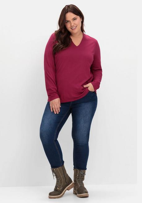 sheego Langarmshirt mit V-Ausschnitt, vorn doppellagig - beere sheego Angebote