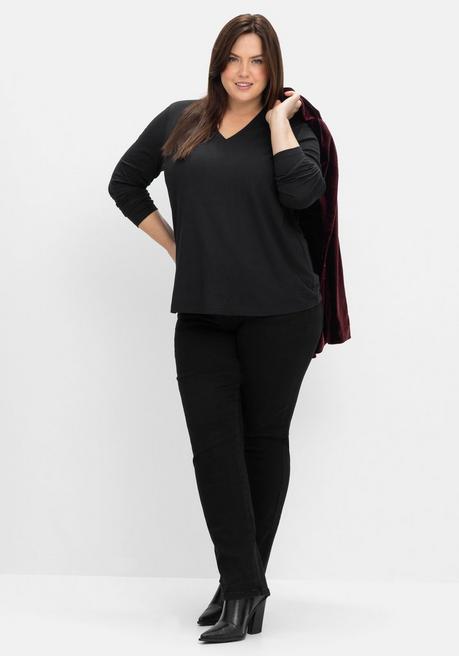 sheego Langarmshirt mit V-Ausschnitt, vorn doppellagig - schwarz sheego Hotsell