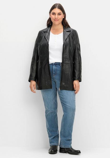 sheego Lange Lederjacke aus Lammnappa, mit Reverskragen - schwarz sheego Fabrik Onlineshop