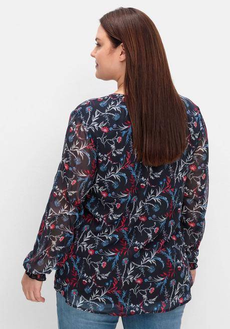 sheego Chiffontunika mit Blumendruck und Bindeband - tiefblau gemustert sheego Fabrikpreis