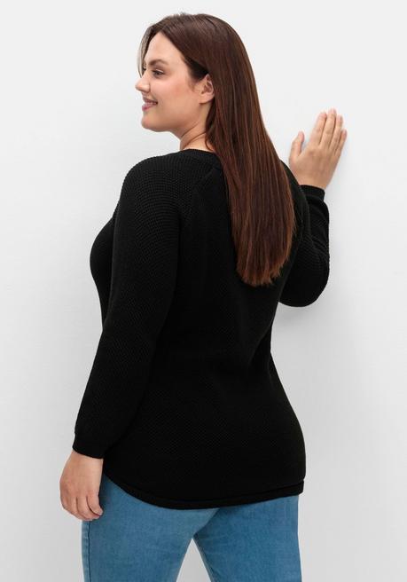sheego Pullover im Strukturstrick, mit Zierknöpfen seitlich - schwarz sheego Begrenztes Angebot