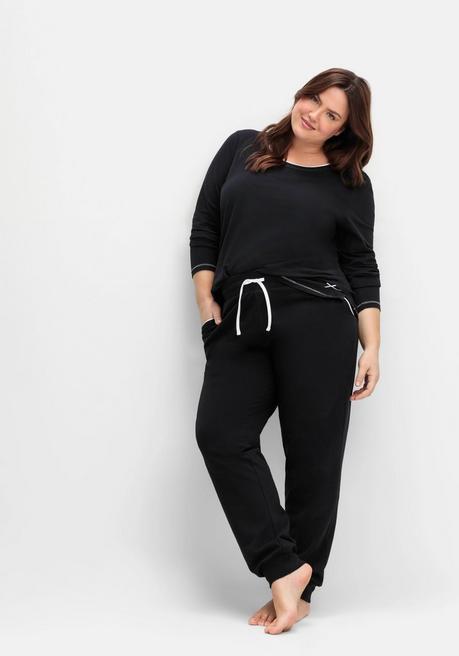 sheego Lange Schlafhose mit schmalem Bein und Kontrastdetails - schwarz sheego Osterangebot