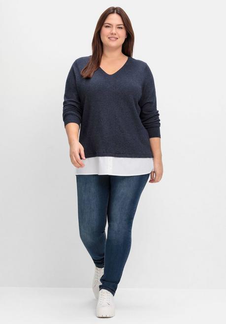 sheego Pullover im Lagenlook, mit Blusenbesatz - tiefblau meliert sheego Lagerräumung
