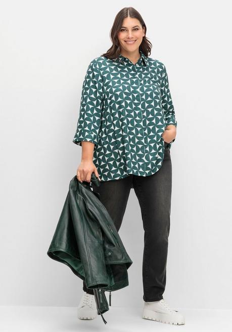 sheego Bedruckte Bluse in schwingender A-Linie - tiefgrün gemustert sheego Online Outlet