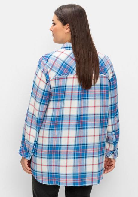 sheego Karierte Longbluse mit Krempelfunktion - offwhite kariert sheego Räumungsverkauf