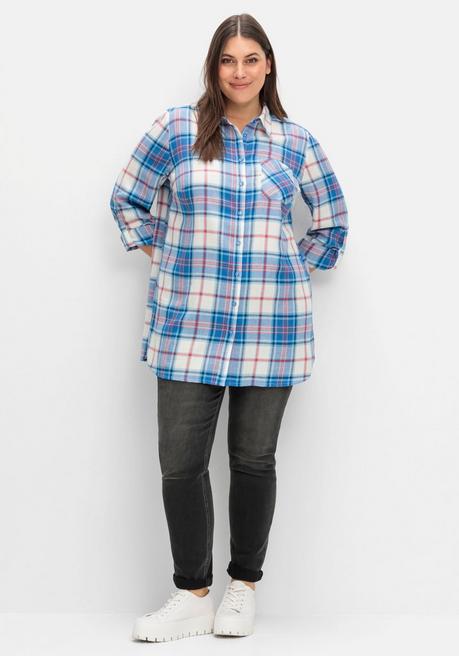 sheego Karierte Longbluse mit Krempelfunktion - offwhite kariert sheego Räumungsverkauf