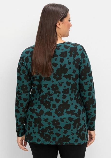 sheego Langarmshirt mit Blumendruck und V-Ausschnitt - tiefgrün gemustert sheego Riesige Ersparnisse
