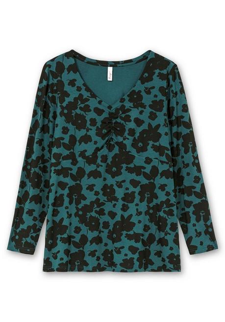 sheego Langarmshirt mit Blumendruck und V-Ausschnitt - tiefgrün gemustert sheego Riesige Ersparnisse