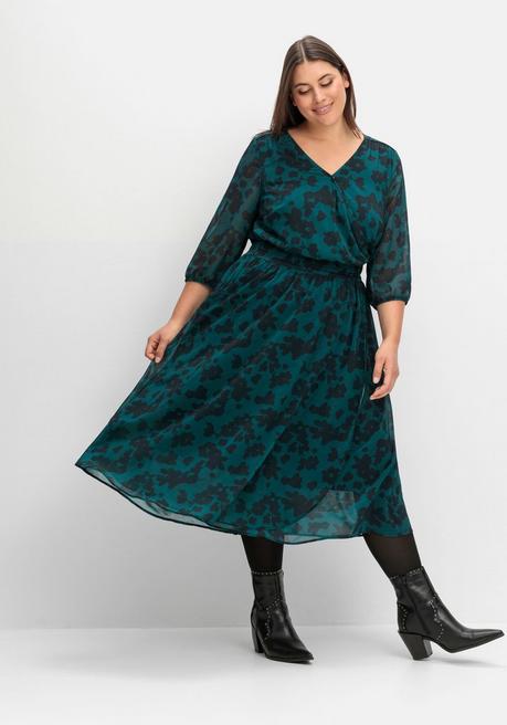 sheego Chiffonkleid in Wickeloptik, mit Alloverprint - tiefgrün gemustert sheego Super Sparpreis