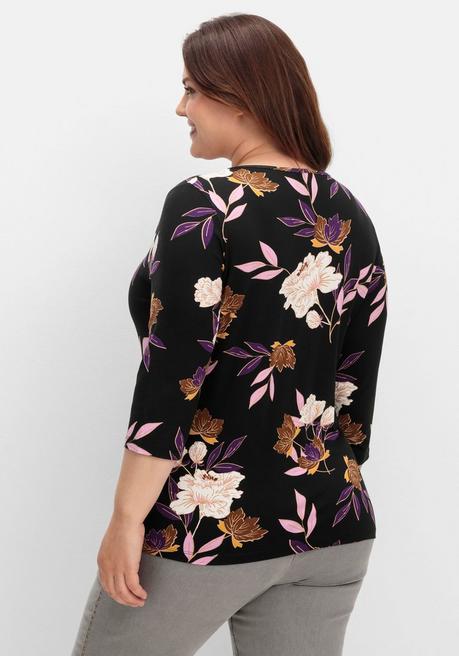 sheego 3/4-Arm-Shirt mit Blumenprint, aus Viskosejersey - dunkellila gemustert sheego Online