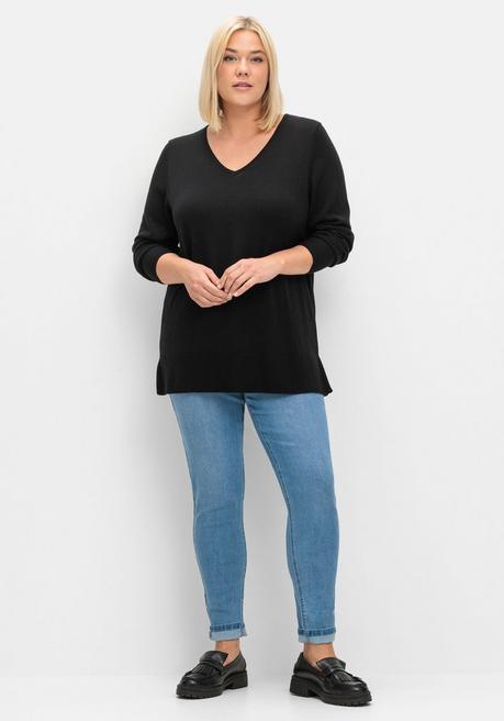 sheego Pullover aus leichtem Strick, mit V-Ausschnitt - schwarz sheego Verkauf