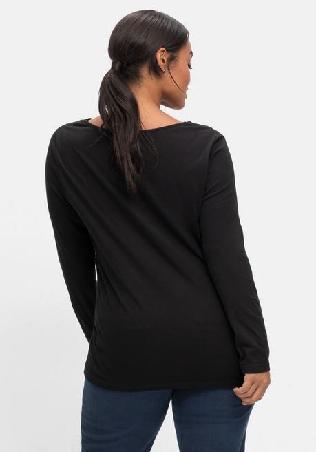 sheego by Joe Browns Langarmshirt mit Zierfalten am V-Ausschnitt, A-Linie - schwarz sheego Fabrikpreis