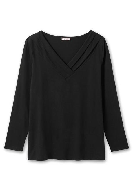 sheego by Joe Browns Langarmshirt mit Zierfalten am V-Ausschnitt, A-Linie - schwarz sheego Fabrikpreis