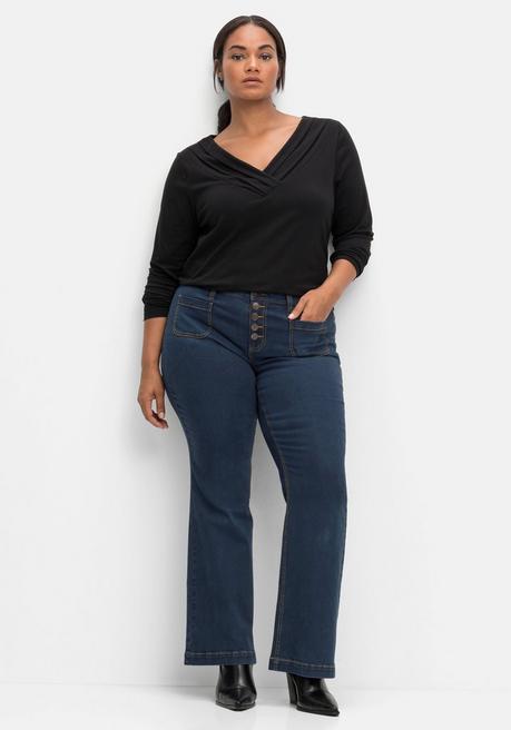 sheego by Joe Browns Langarmshirt mit Zierfalten am V-Ausschnitt, A-Linie - schwarz sheego Fabrikpreis