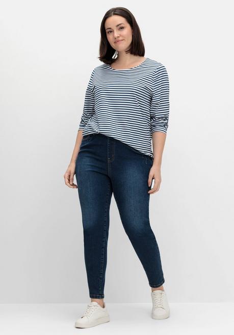 sheego Gestreiftes Langarmshirt mit Rundhalsausschnitt - marine gestreift sheego Günstig kaufen