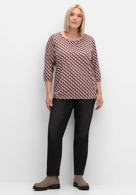 sheego 3/4-Arm-Shirt mit Grafikprint und Gummizugbund - aubergine gemustert sheego Online Shopping