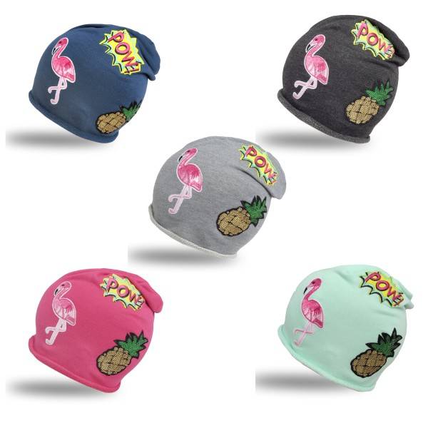 Sonia Originelli Beanie Mütze Kind Patch Aufnäher Flamingo Ananas Pow trend Baumwolle Speichern exportieren