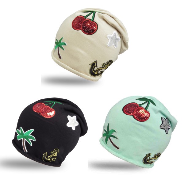 Sonia Originelli Beanie Mütze Patch Aufnäher Kirsche Anker Palme trend Baumwolle Fabrikverkauf