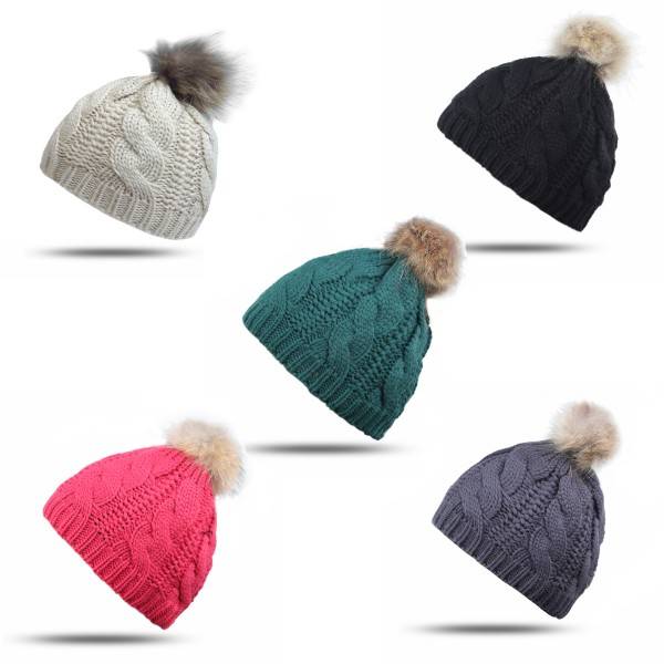 Sonia Originelli Bommelmütze Echtfell Waschbär Bommel Winter Strick Wolle Günstig kaufen