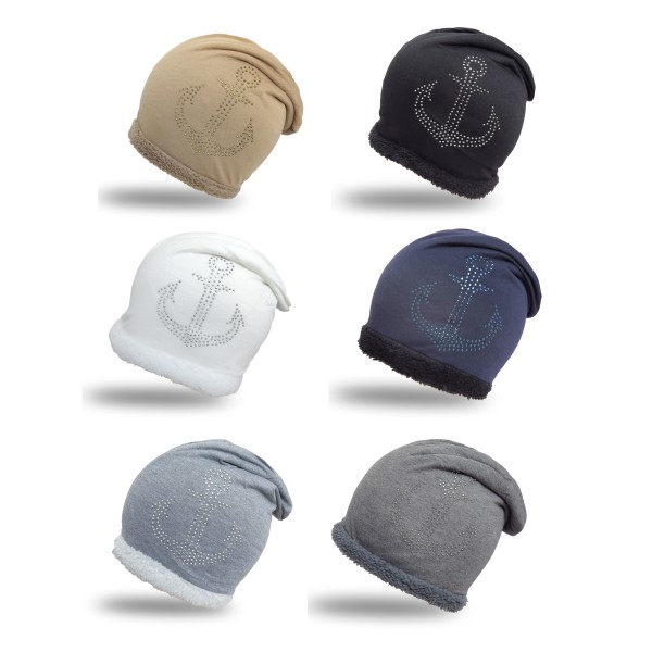 Sonia Originelli Fleece Beanie mit Strass-Anker Steinchen und weichem Teddyfell Kauf eins, bekomm eins gratis