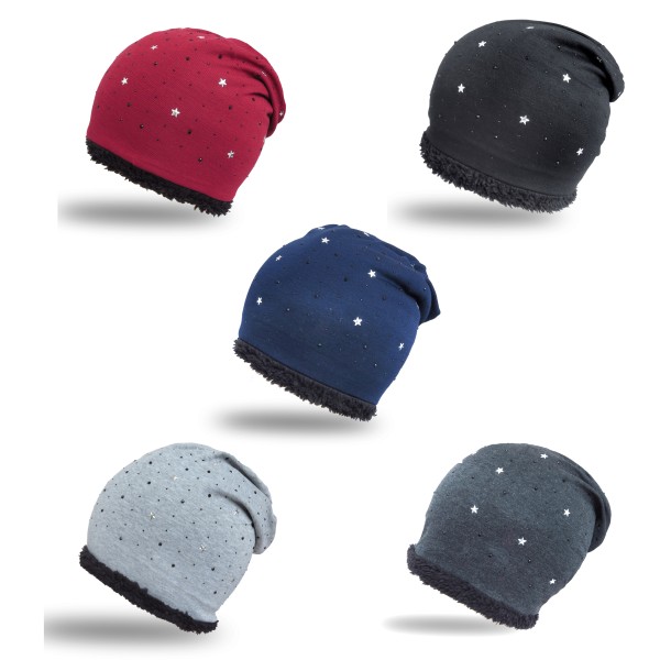 Sonia Originelli Winter Beanie Mütze "Strass Sternchen" Teddyfell Futter Clearance-Verkauf