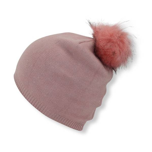 Sonia Originelli Winter Beanie Mütze mit Glitzerfasern und Kunstfell Bommel Fabrikladen