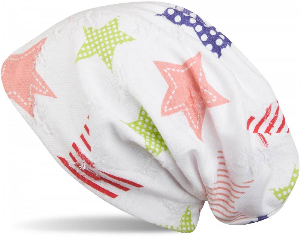 Stylebreaker Beanie Mütze mit bunten Sternen in Destroyed Optik Super Rabatt